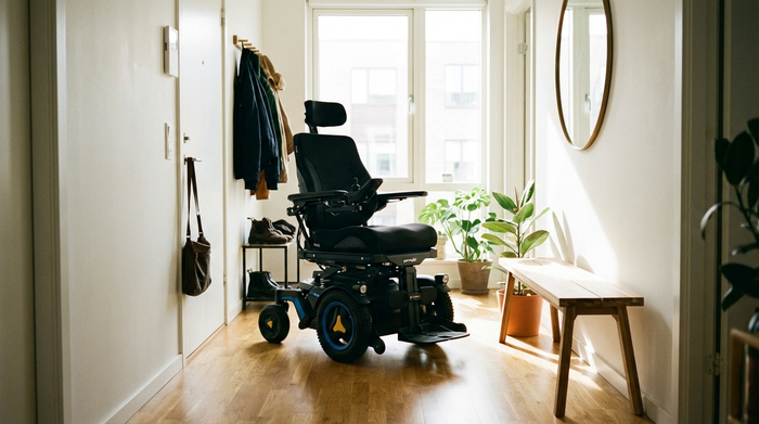 Elektrischer Rollstuhl steht bereit im hellen Flur einer Wohnung