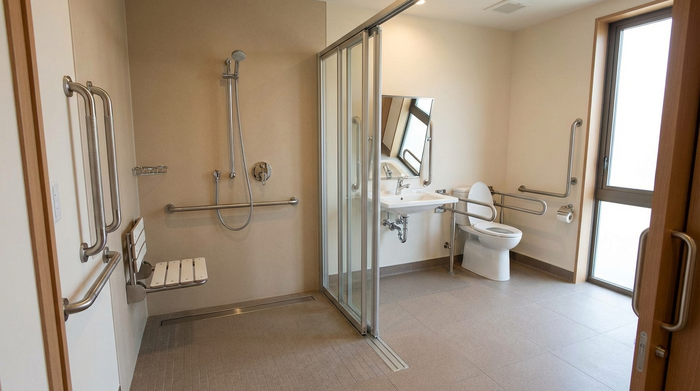 Barrierefreies Badezimmer mit Haltegriffen und ebenerdiger Dusche