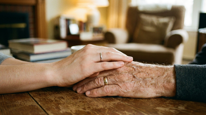Eine fürsorgliche Geste: Eine Hand einer jüngeren Person liegt beruhigend auf der Hand einer älteren Person. Der Hintergrund ist unscharf und wohnlich.
