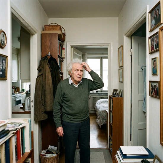 Ein älterer Herr steht etwas ratlos im Flur seiner Wohnung und betrachtet verschiedene Türen, als würde er sich orientieren.