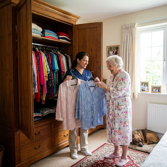 Eine Pflegerin hilft einer älteren Dame geduldig bei der Auswahl der Kleidung vor einem geöffneten Kleiderschrank.