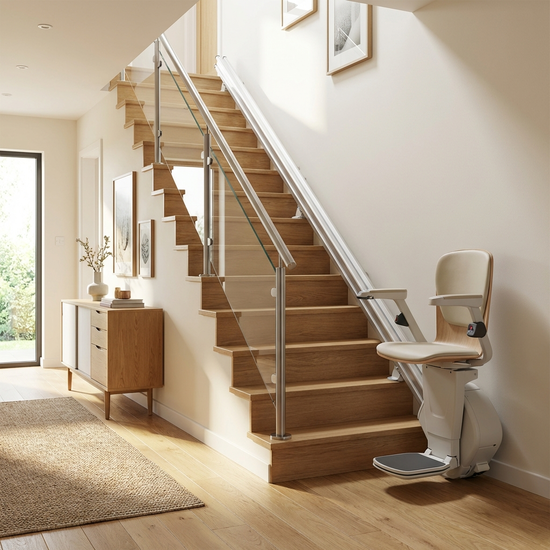 Ein moderner Treppenlift an einer geraden Holztreppe in einem gepflegten Hausflur.