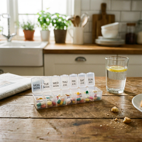 Ein Medikamentendispenser mit sortierten Tabletten steht auf einem Küchentisch, daneben ein Glas Wasser.