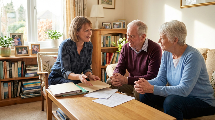 Eine freundliche Pflegeberaterin im Gespräch mit einem älteren Ehepaar am Wohnzimmertisch, Unterlagen liegen bereit.