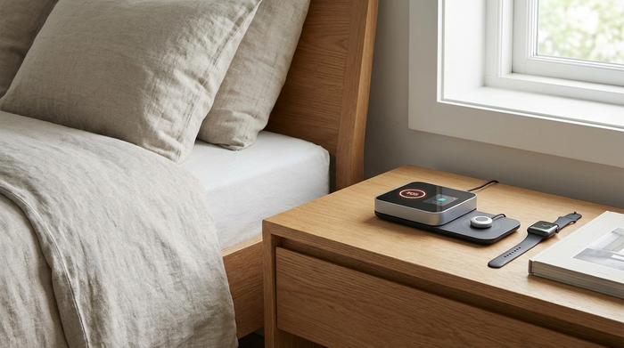 Ein modernes Hausnotruf-Gerät auf einem Nachttisch neben einem Bett.