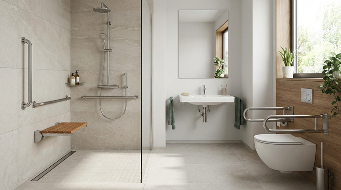 Ein modernes, barrierefreies Badezimmer mit ebenerdiger Dusche und Haltegriffen.
