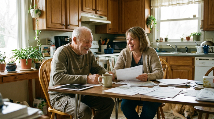 Älterer Herr und seine Tochter sitzen entspannt am Küchentisch und besprechen Unterlagen, eine Kaffeetasse steht auf dem Tisch