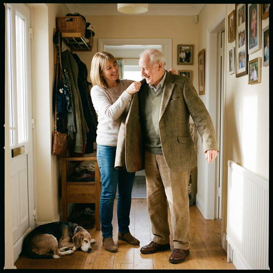 Tochter hilft ihrem älteren Vater liebevoll beim Anziehen einer Jacke im Flur