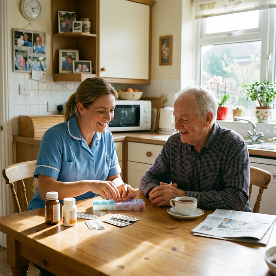 Freundliche Pflegerin sortiert Medikamente für einen Senioren am Küchentisch