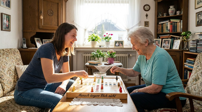 Alltagsbegleiterin spielt mit einer Seniorin ein Brettspiel im gemütlichen Wohnzimmer