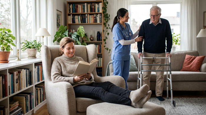 Entspannte Frau liest Buch im Sessel, während im Hintergrund ein Pfleger dem Partner hilft