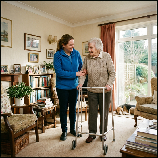 Pflegekraft unterstützt Seniorin beim Gehen im Wohnzimmer