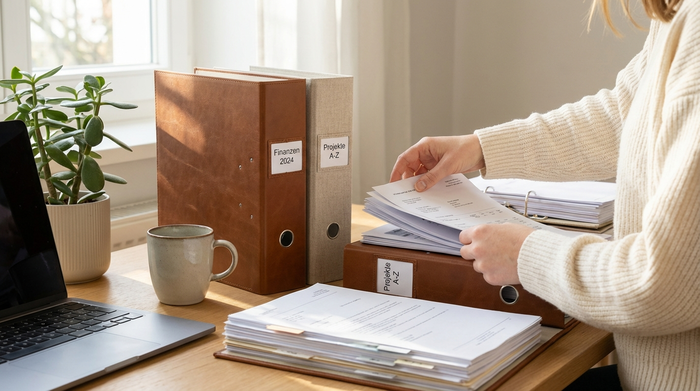 Ordner und Unterlagen auf einem aufgeräumten Schreibtisch, Hände sortieren Papier