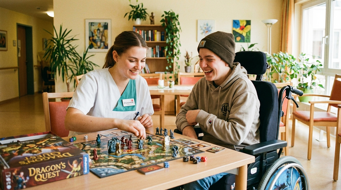 Junge Pflegekraft spielt Brettspiel mit einem Jugendlichen im Rollstuhl