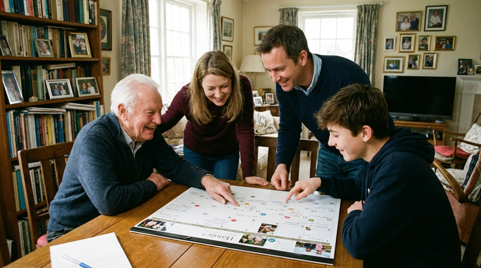 Senior und Angehörige schauen gemeinsam in einen Kalender