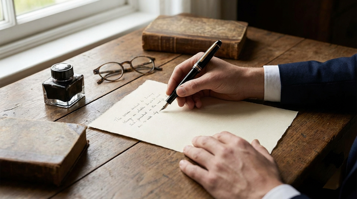 Hände halten einen Stift über einem Papier auf einem Tisch