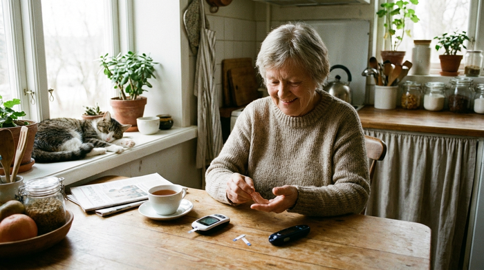 Seniorin misst ihren Blutzucker am Küchentisch, entspannte Atmosphäre, Tageslicht