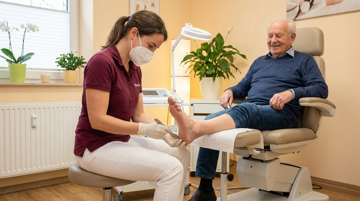 Podologin behandelt behutsam den Fuß eines älteren Patienten
