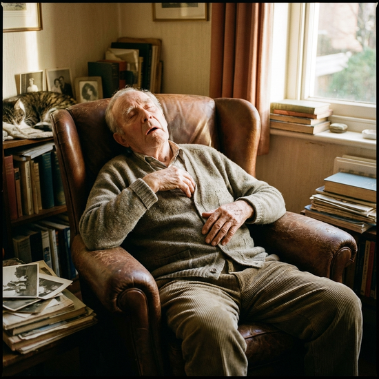 Älterer Herr sitzt erschöpft im Sessel, wirkt müde