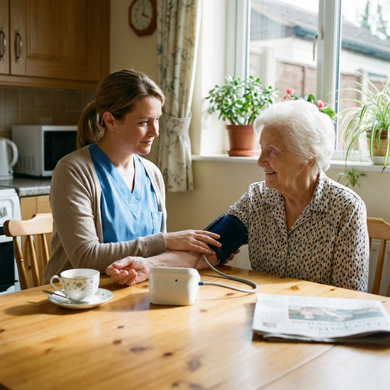 Pflegerin misst Blutdruck bei Seniorin am Tisch