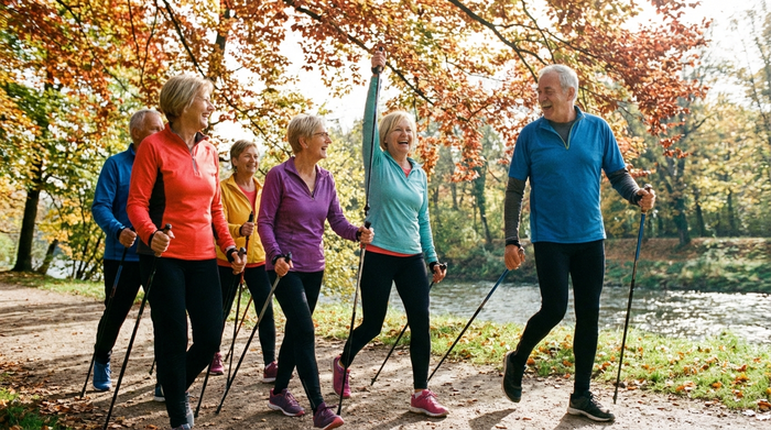 Seniorengruppe beim Nordic Walking im Park, aktiv und lebensfroh
