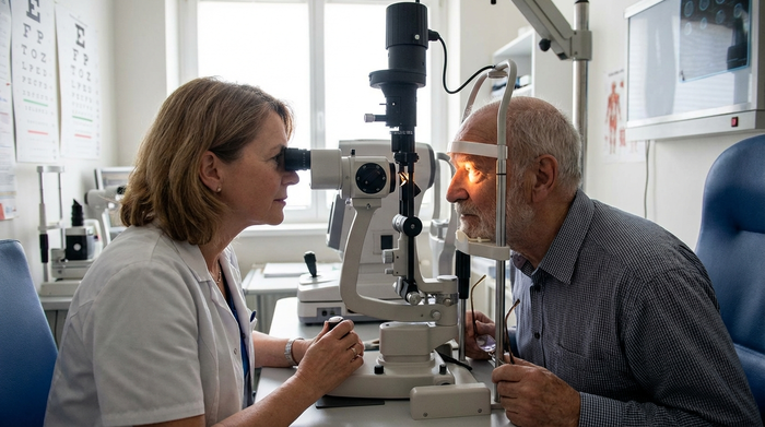 Augenarzt untersucht Augen eines älteren Patienten mit Spaltlampe