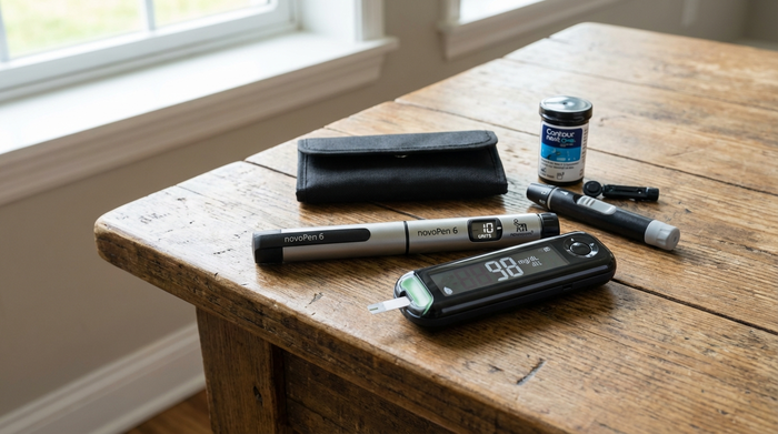 Insulin-Pen und Blutzuckermessgerät liegen geordnet auf einem Tisch