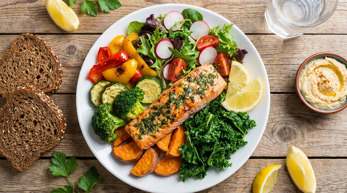 Bunter Teller mit viel Gemüse, Vollkornbrot und Fisch, gesundes Mittagessen