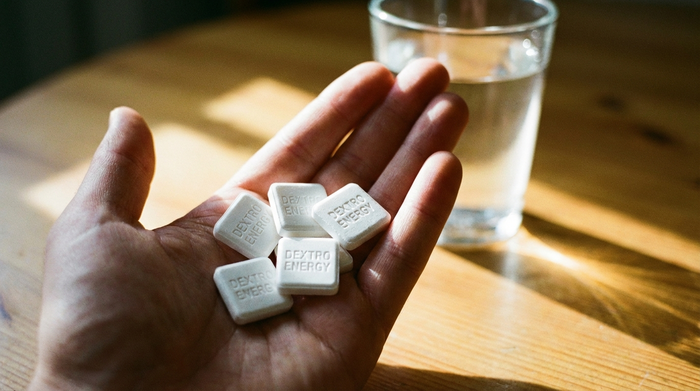 Hand hält Traubenzucker-Plättchen, im Hintergrund unscharf ein Glas Wasser