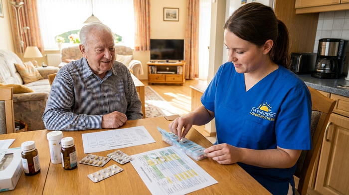 Pflegedienst-Mitarbeiterin sortiert Medikamente in eine Dosierbox für einen Senior