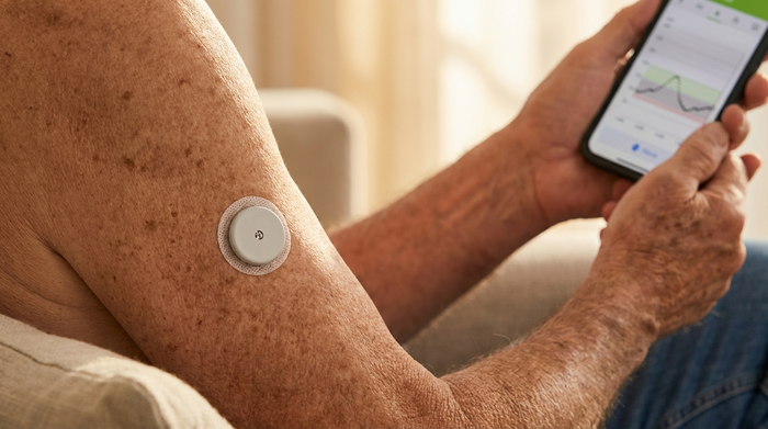 Moderner Glukose-Sensor am Oberarm eines Seniors, Detailaufnahme