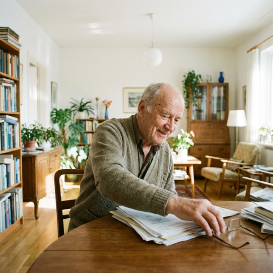 Älterer Herr sucht entspannt seine Brille auf dem Tisch in einem hellen Wohnzimmer, wirkt dabei nicht beunruhigt.