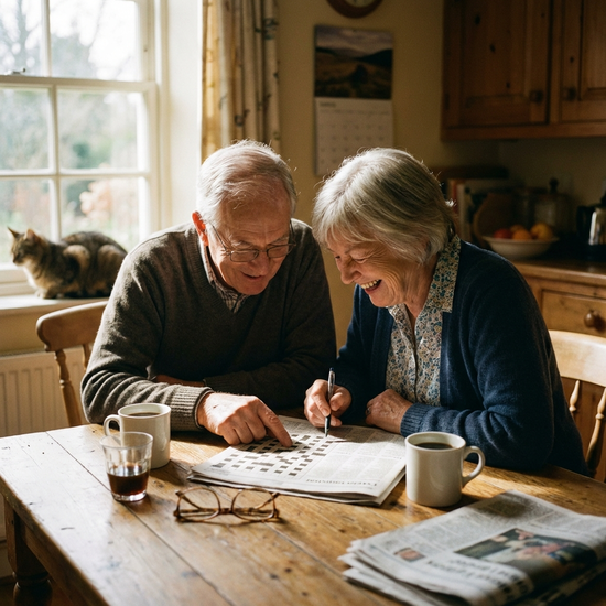 Senioren-Paar beim gemeinsamen Lösen eines Kreuzworträtsels am Küchentisch, konzentrierte und positive Atmosphäre.