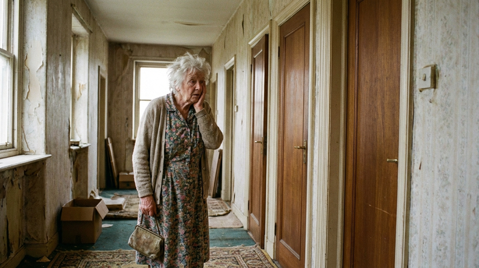 Verwirrte ältere Dame steht im Flur und betrachtet mehrere Türen, unsicherer Blick.