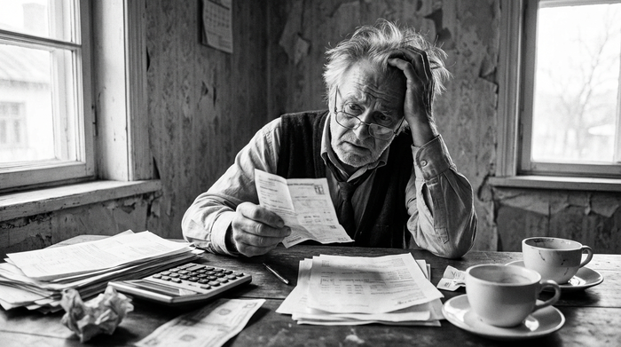 Älterer Mann betrachtet ratlos eine einfache Rechnung am Schreibtisch, wirkt überfordert.