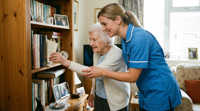 Pflegerin hilft Seniorin freundlich beim Finden von Gegenständen im Regal, unterstützende Geste.