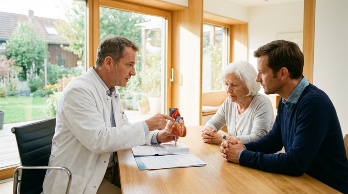 Arzt im Gespräch mit einer Seniorin und ihrem Sohn in heller Praxis, Arzt zeigt auf ein Modell oder Unterlagen.