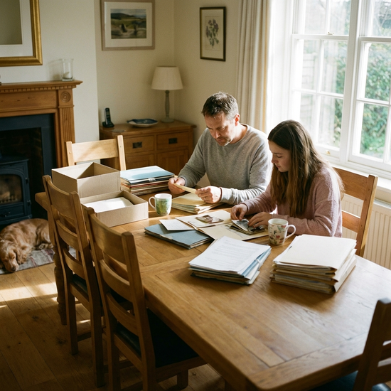 Tochter sortiert mit Vater Ordner und Dokumente am Esstisch, ruhige Atmosphäre, konzentriertes Arbeiten.