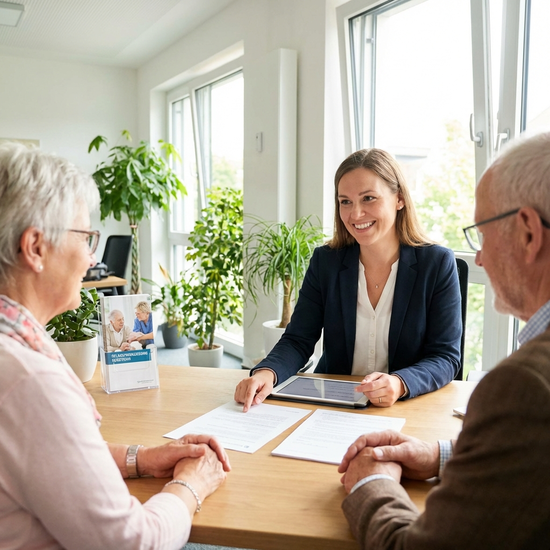 Beratungsgespräch zur Pflegefinanzierung, freundliche Beraterin zeigt Unterlagen, helle Büroumgebung.