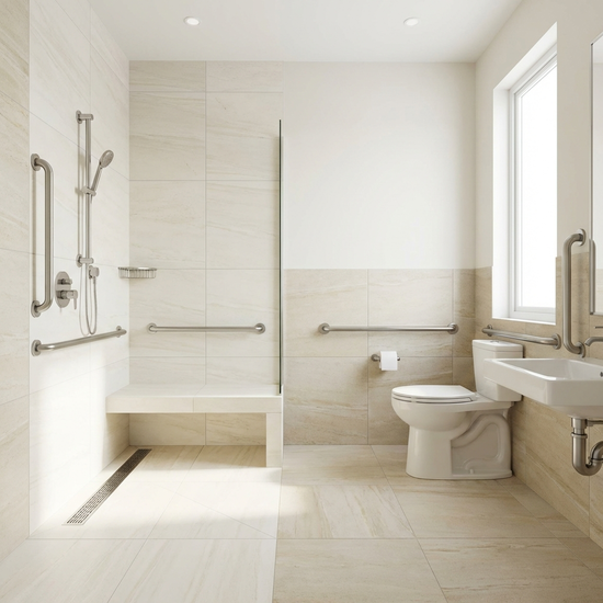 Modernes Badezimmer mit ebenerdiger Dusche und Haltegriffen, hell und sauber, sicher gestaltet.