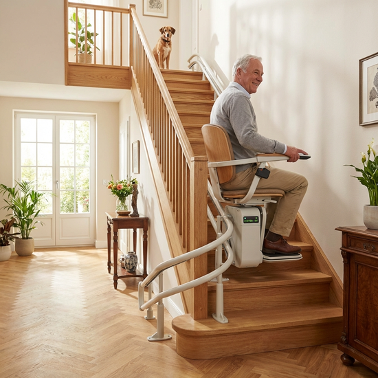 Elektrischer Treppenlift an einer Holztreppe in gepflegtem Hausflur, zeigt Funktionalität.