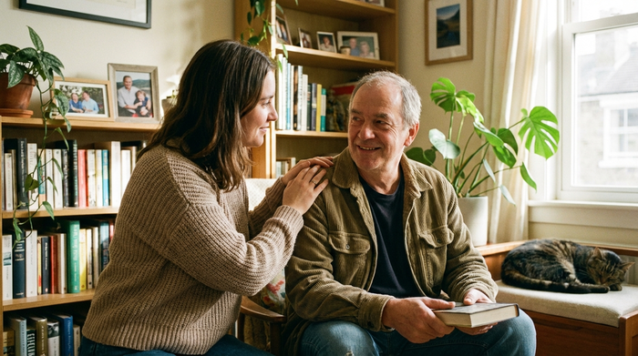 Tochter legt beruhigend die Hand auf die Schulter ihres sitzenden Vaters im Wohnzimmer, liebevolle Geste.