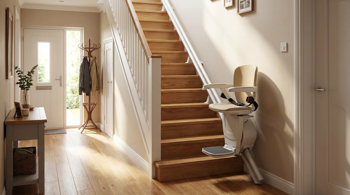 Treppenlift auf einer geraden Treppe im Hausflur.