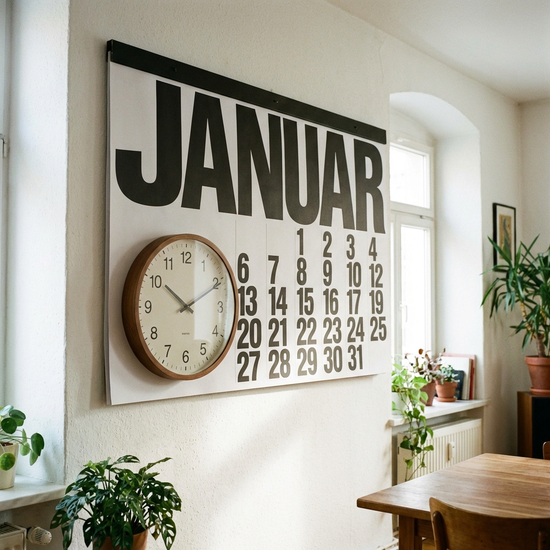 Wandkalender mit großen Buchstaben und Uhr an einer hellen Wand.