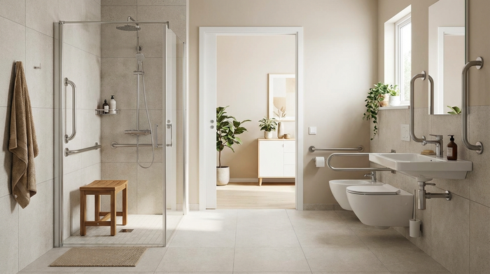Barrierefreies Badezimmer mit Haltegriffen und Duschhocker.