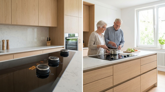 Seniorengerechter Herd mit glatter Oberfläche in moderner Küche.