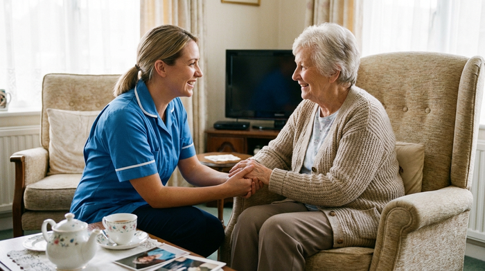 Pflegerin spricht auf Augenhöhe und freundlich mit einer Seniorin.