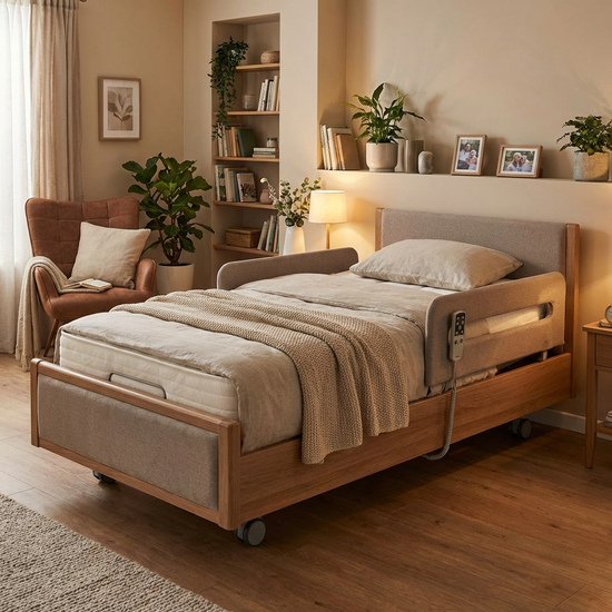 Modernes Pflegebett mit weicher Matratze in einem wohnlichen Schlafzimmer.