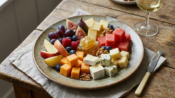 Teller mit mundgerechten Obststücken und Käsewürfeln auf einem Tisch.