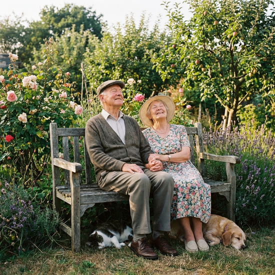 Älteres Ehepaar sitzt entspannt auf einer Gartenbank und genießt die Sonne